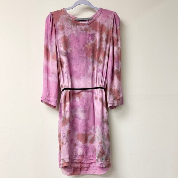 Raquel Allegra 100% Silk Tie Dye Long Sleeve Tie Waist T-Shirt Dress Pink 2/ M